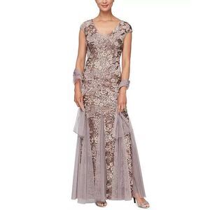 Alex Evenings Rose Gold Sequin Floral Embellished-Lacel Embroidered Gown & Shawl